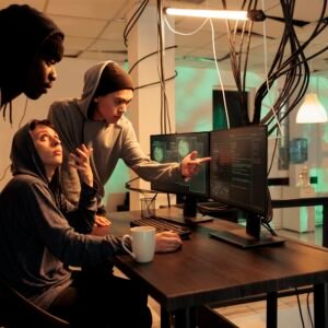 Internet technology security specialists team fixing computer system cyberattack, developers coding antivirus program script. Diverse coders programming cybersecurity app at night time