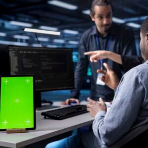 Multiethnic team using green screen tablet to oversee servers used for managing databases. Diverse staff members collaborating while working on mockup device in data center storing information